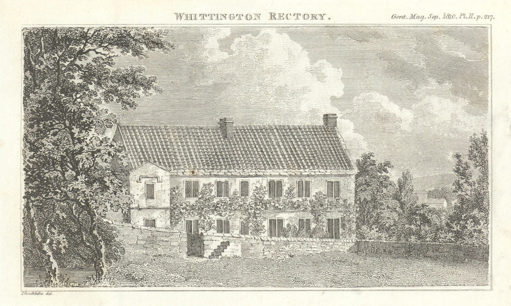 Whittington Rectory in Derbyshire. Gentleman's Magazine 1810 old antique print
